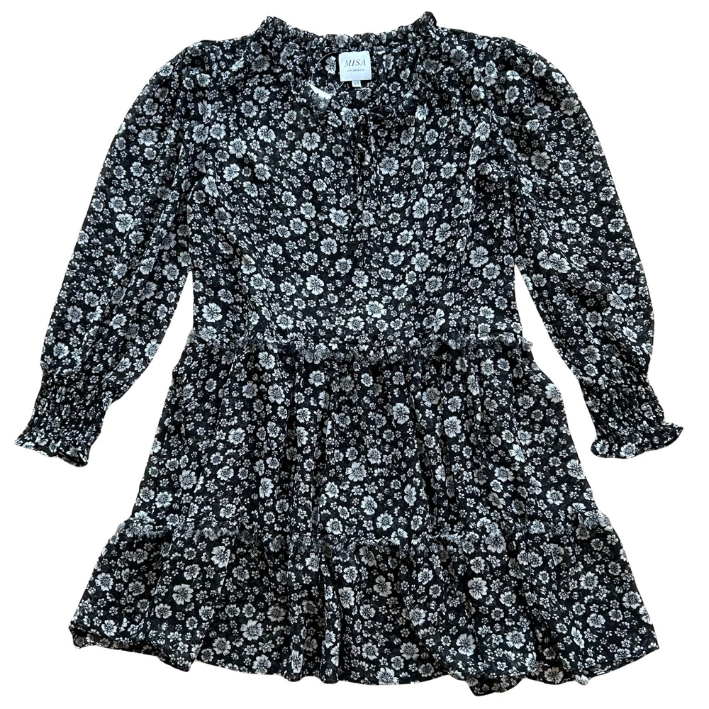 MISA Los Angeles Floral Smocked Long Sleeve Mini Dress XS Black White
